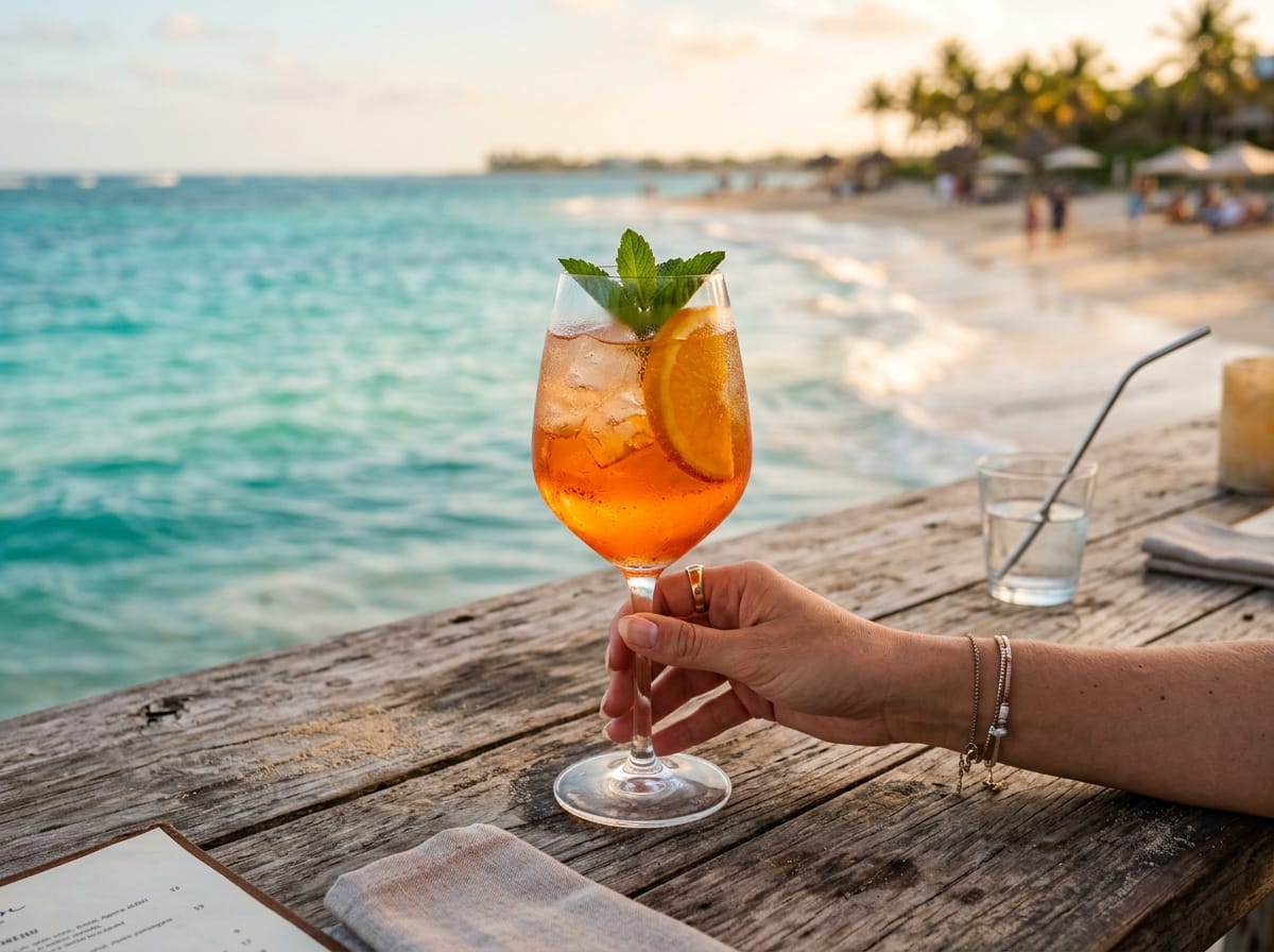 Hand holding an orange spritz cocktail at a beach table with the sea blurred behind