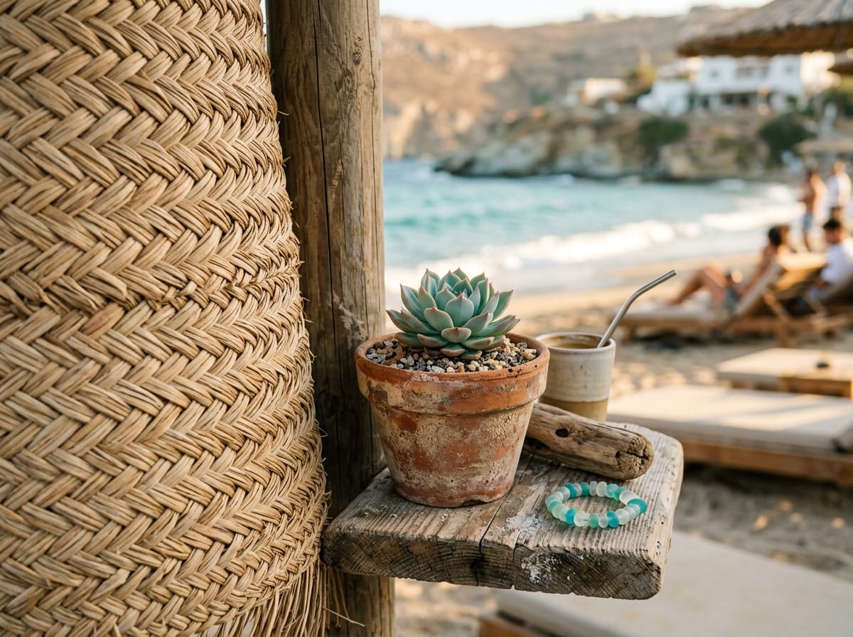 Close-up of a straw umbrella weave and driftwood decor with a small succulent