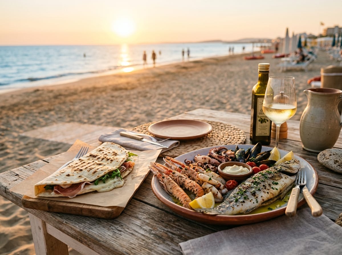 Piadina and grilled fresh seafood platter on a wooden table by the beach