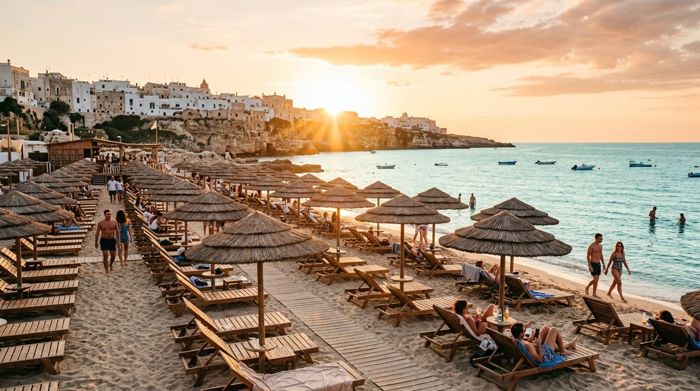 Rows of wooden sun loungers and thatched umbrellas leading to the Adriatic sea at golden hour