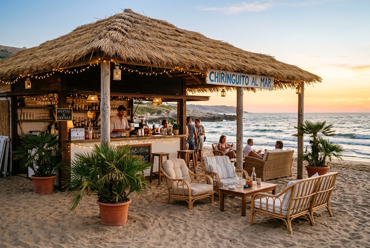 Rustic straw-roofed beach bar with rattan lounge furniture and palms in golden light